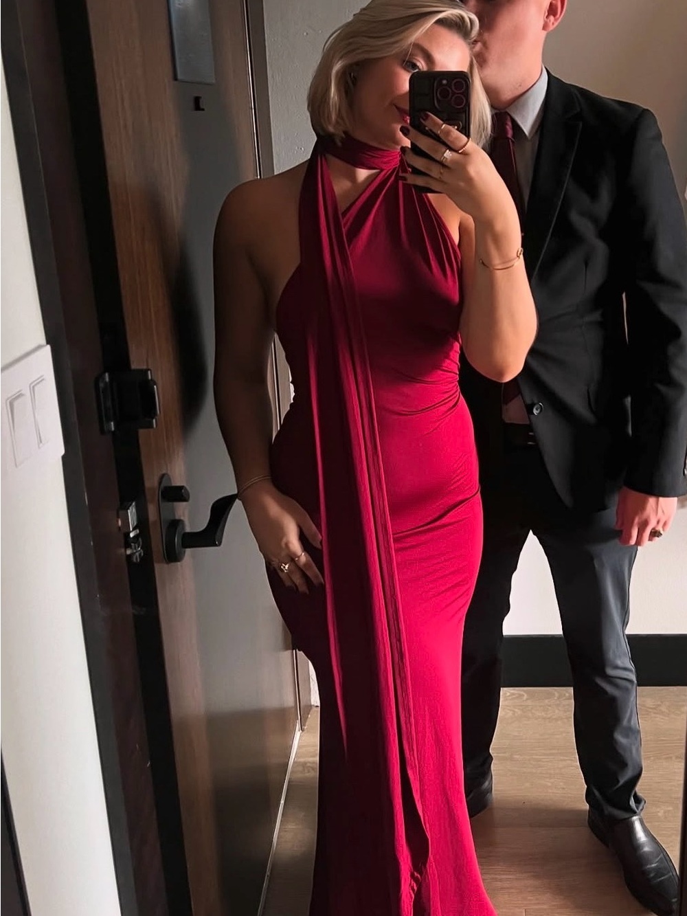 Red Ruched scarf floor length Fully backless Evening Dress